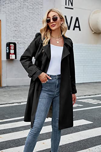 Womens Long Trench Coat Double Breasted Windproof Overcoat With Belt | Classic Lapel,Fall clothing, Spring outfits, Street outwear - color: 01 Black, size: Medium