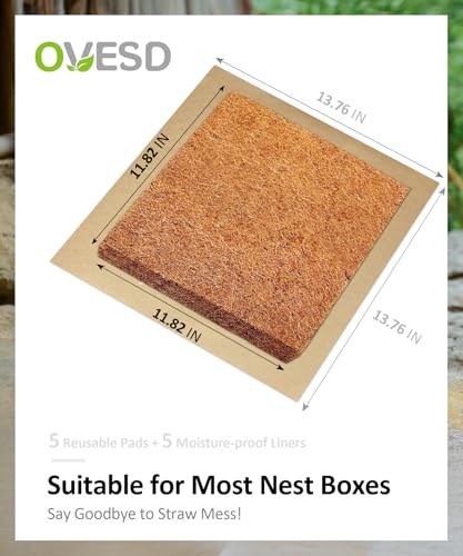 3X-Thick Nesting Pads for Chicken Coop (12"x12"), 5 Reusable Hen Laying Pads and 5 Moisture-Proof Paper, Washable & Biodegradable Hemp Bedding Mat for Hygiene & Egg Protection