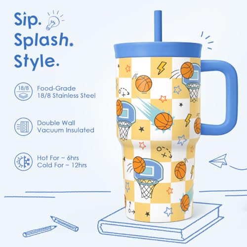 SANDJEST Basketball Stainless Steel Tumbler 20oz with Handle and Silicone Straw Locking Lid for Kids Boys Girls, Birthday Christmas Back to School - color: Basketball