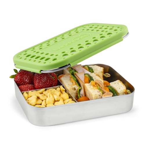 LunchBots Medium Trio Stainless Steel Kids Bento Box 3-Section Green 32oz - color: Green, size: 3 Section