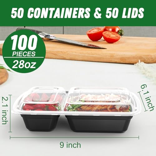 Dealusy 50 Pack 28 oz Meal Prep Containers with Lids 2-Compartment, Black | Sturdy Leakproof & Food Safe, Microwave, Freezer, Dishwasher Safe Prep Containers, To Go Take Out Plastic Food Storage - color: Black
