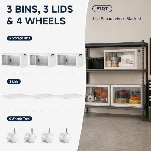 OlarHike 97QT Storage Bins with Lids for Closet, Garage, Shelves, 3 Pack | Multi-Lid, Lockable Cabinet, Large, Doors & Wheels, School, Office, Foldable Container, Stackable Organizers, Plastic Drawers - size: 97QT-White