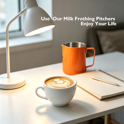 600ml(20oz) Milk Frothing Pitcher, Stainless Steel Milk Steamer Cup Milk Frother Jug for Barista-Style Coffee - Espresso Cappuccino & Latte Art Pouring Jug with Heat Resistant Handle, Orange
