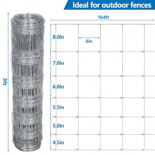 Farm Fence, 3ft X 164ft Wire Fence,Galvanized Woven Wire Fencing | Hog Goat Cattle Deer Livestock Fence for Yard and Animals Protection - size: 3ft X 164ft
