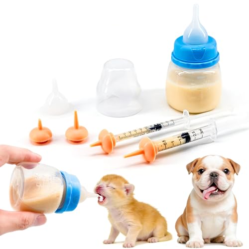 Pet Feeding Bottle and Syringe Set for Puppies and Kittens(1 Bottles,2 Syringes,6 Nipples) Blue - color: Blue