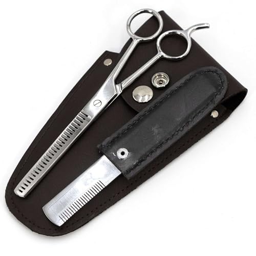 Jeffers Grooming Trim Kit 3 Piece Set - Stainless Steel Thinning Shears & Stripping Comb, Durable Leather Case With Belt Loop Flap, Portable Tools for Groomers, Farm Use or Routine Livestock