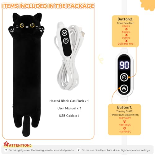 Black Cat Plush USB Heating Pad for Period Cramps Menstrual | 22” Cat Heated Plush Stuffed Animal, Portable Indoor Outdoor Use, Electric Kitten Plush Heating Pad for Women Mom Girls Gifts - color: Black Cat Heating Pads