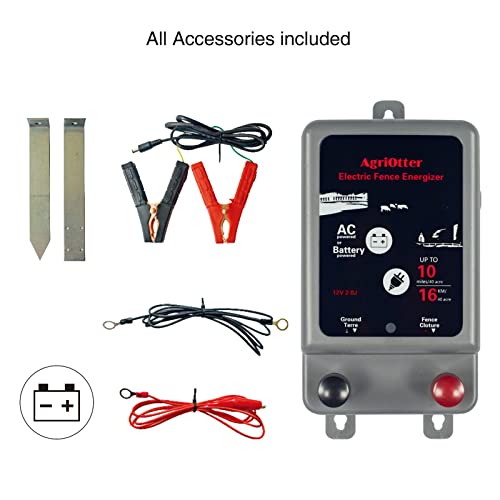 Electric Fence Energizer 40 Acre 10 Miles 2 in 1 Powered by Battery or AC Outlet 12000V 2J Pulse Electric