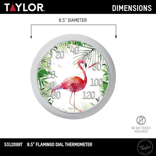 Taylor Flamingo Indoor Outdoor Dial Thermometer, Wireless Thermometer with Easy to Read Wall Decor for Patio, Pool, Yard, Garden or Garage, 8.5 Inch, White Bezel - size: 8.5-in