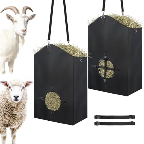 2 Pcs Hay Bags for Goats, 27.5" x 17.5" x 9.8" Hay Feeder, Plastic Buckle | Portable & Slow Hay Feeder for Goats, Adjustable Hanging Strap, Waterproof Lining, 800D Oxford Cloth, Sheeps, Small Horses - color: 2 Pcs without storage bag