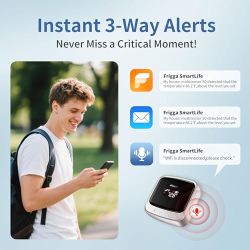 Frigga 4G Cellular Temperature & Humidity Monitor for RV Pets Home Safety | No WiFi Required(WiFi Optional), Remote Temp Sensor with App, Email, App & on-device Voice Alerts, 2 Year Sim Included