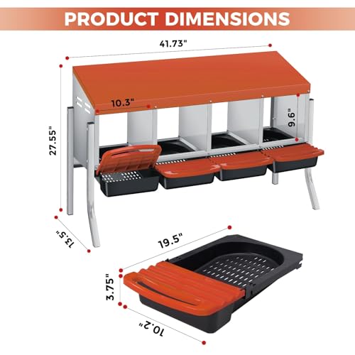 4-Hole Chicken Nesting Box, Roll Away Nest with Removable Tray, Easy Egg Collection & Cleaning, Wall-Mount Nesting Boxes for Hens, Chicken Coop - Orange - color: Orange-4 Compartments+legs