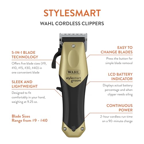 WAHL Professional Animal StyleSmart Cordless Clipper Kit for Pet, Dog & Cat Grooming (#70007) - Dog, Cat & Horse Grooming Supplies - Pet Hair Trimmer - with Guide Combs & Blade - Gold
