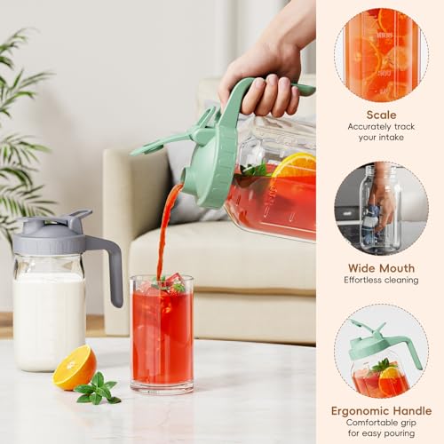 Glass Pitcher with lid, 64 oz Wide Mouth Mason Jar | Dual leak-proof lid, heavy duty glass design, pour spout and handle for cold brew coffee, sun tea and iced drinks - color: Pink, size: 64 Ounces