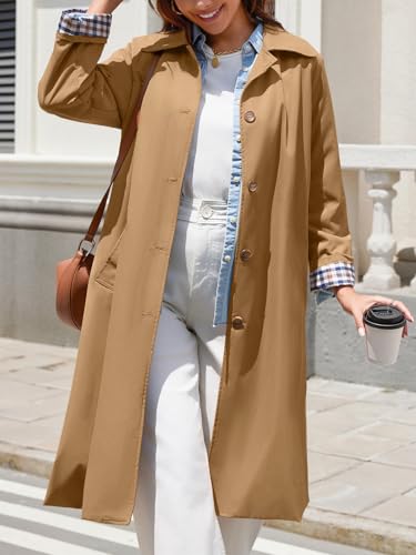 Tankaneo Womens Long Oversized Single Breasted Windproof Trench Coat | Plaid Lining, Lightweight, Trendy，Button down, Fall fashion,Outerwear - color: Camel, size: Small