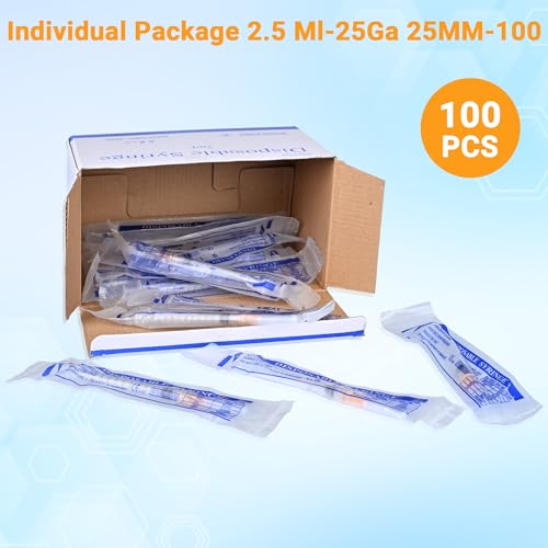 100 Pack 2.5mL/cc 25Ga 1 Inch Disposable Luer Lock Lab Syringes, Individually Sealed Packed - style: 2.5ml-25G 1"
