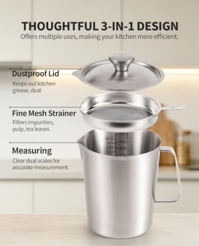 304 Stainless Steel Measuring Cup with Lid, Strainer, 32oz pitcher for Milk | 1000ml Metal Liquid Measuring Cup with ML/OZ Scale, 4 Cup Kitchen Pitcher for Baking, Coffee,Tea and Food Preparation