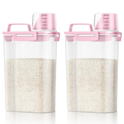 TBMax Rice Container 2 Pack 5 Lbs Cereal Container Storage, Kitchen Pantry Food Storage Holder with Cup, Small Pet Dog Cat Food Container -Pink - color: Pink 3+3Qt