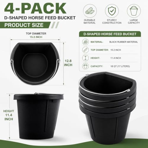 Marsui 4 Pcs Rubber Feeder Bucket, 18 Quart 4.5 Gallon Rubber Horse Feed Bucket, Large All-Purpose Water Pan, for Goats Horses Animal Feeding, Black