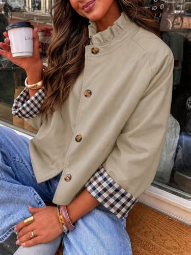 Cicy Bell Womens Ruffle Short Trench Coat Single Breasted Cropped Jackets | Stand Collar, Fall Jackets, Outerwear Coats, Button Down, Plaid Cuffs - color: Dark Khaki, size: XX-Large