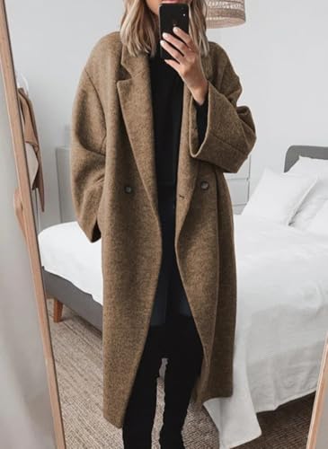 chouyatou Women's Winter Double Breasted Wool Coat Long Sleeve Notch Lapel Long Trench Coat - color: Brown, size: Small