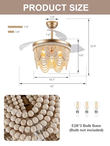 42“ Boho Fandalier Ceiling Fan with Light Retractable Ceiling Fan | Wood Beaded Chandelier Light for Bedroom Living Room, Coastal Fandelier, Reversible Quiet 6 Speeds 3 E26 Bulbs (Not Included) - color: Gold