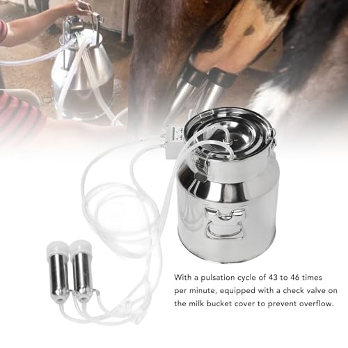14L Electric Cow Milking Machine, Plug-in Pulsating Vacuum Pump Milker Cow Milker Machine with Stainless Steel Milk Bucket Silicone Tube 2 Teat Cups Milk Brush(US Plug)