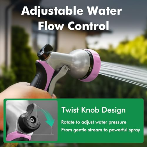 RESTMO Garden Hose Nozzle, Heavy Duty Metal Water Hose Nozzle with 7 Adjustable Spray Patterns, High Pressure Hand Sprayer with Flow Control, Best for Watering Plant & Lawn, Washing Car & Pet, Pink - color: Pink
