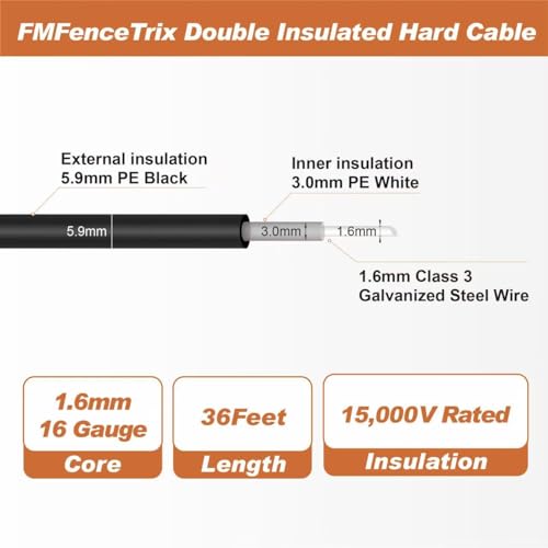 Electric Fence Wire Double Insulated Underground Hard Cable - 16Gauge, 36ft - Galvanized Steel Core - size: 16Gauge, 36Ft