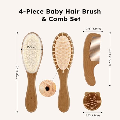 Yoofoss 4 Piece Baby Hair Brush and Comb Set, Wooden Baby Hair Brush with Natural Ultra Soft Goat Hair, Baby Comb Set for Boy, Girl - Walnut - color: Walnut
