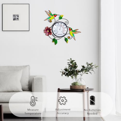 Hummingbird Outdoor Thermometer No Need Battery | 15" Indoor Wall Thermometers, Decorative Metal Thermometerfor for Garden Patio Home Room - color: Hummingbird & Flower