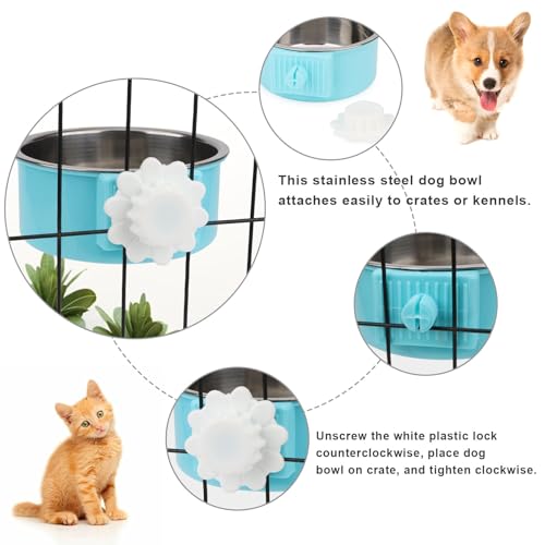 Dog Crate Water Bowl No Spill Removable Hanging Bowls, Blue&Green | Stainless steel + plastic 2-in-1, twist-lock easy install, detachable easy clean, for small dogs/cats/rabbits/guinea pigs - color: Blue