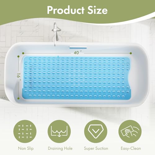 AmazerBath Shower Mat Non Slip 40 x 16 Inches, Bathtub Mat Shower Stall Mats with Suction Cups and Drain Holes, Non Slip Bath Mat for Tub for Elderly & Kids, Clear Blue - color: Clear Blue, size: 40" x 16" (Rectangular)