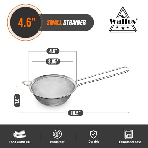 Walfos 4.6 Inch Fine Mesh Strainer, Premium Stainless Steel Colanders and Sifters, with Reinforced Frame and Sturdy Handle, Perfect for Sift, Strain, Drain and Rinse Vegetables, Pastas and Tea - style: 4.6" Small Strainer
