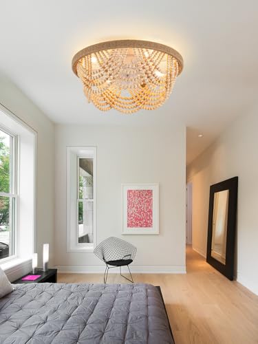 20'' Boho Ceiling Fan with Lights Remote Flush Mount Fandelier | Wood Beaded Coastal Chandelier for Bedroom Living Room, Low Profile Reversible DC Motor 6 Speeds, 4 E26 Bulbs (Not Included) - color: Wood