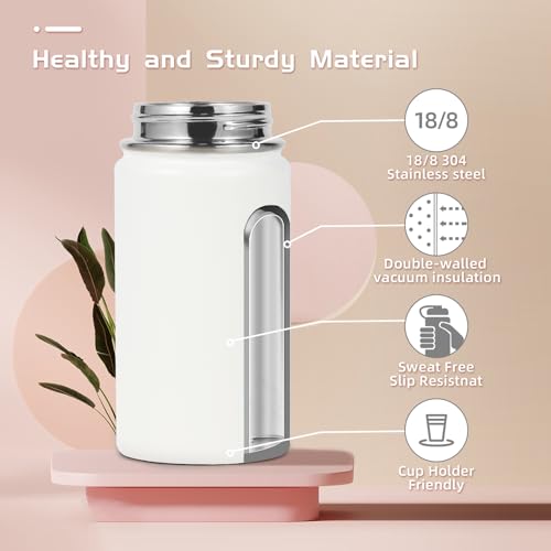 Volhoply 14oz KIds Stainless Steel Insulated Leakproof Water Bottle with Straw Lid and Silicone Boot,BPA-Free Easy Use for Boys&Girls,Double Wall Vacuum Bottles(White,1) - color: White