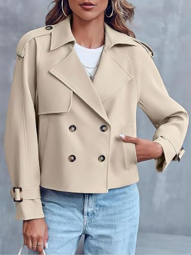 ebossy Women's Double Breasted Short Duster Trench Coat Lapel Loose Windproof Cropped Jacket Coat with Pockets - color: Beige, size: Small