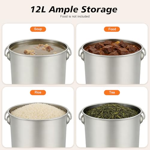 12L Stainless Steel Bucket with Lid & Handle, Silver Milk Pail | Metal Bucket Multipurpose Storage Container for Pet Food Rice Sand Ice - size: 12L