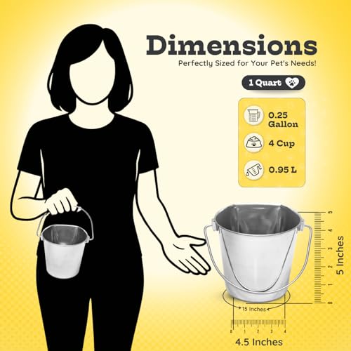 Stainless Steel Flat Side Bucket 1 Quart (0.25 Gallon)- Heavy Duty Hanging Food & Water Pail for Dogs, Cats, Birds, Kennel, Cages & Crates, Durable Rustproof Multi-Purpose Feeding Buckets - size: 1 Quarts