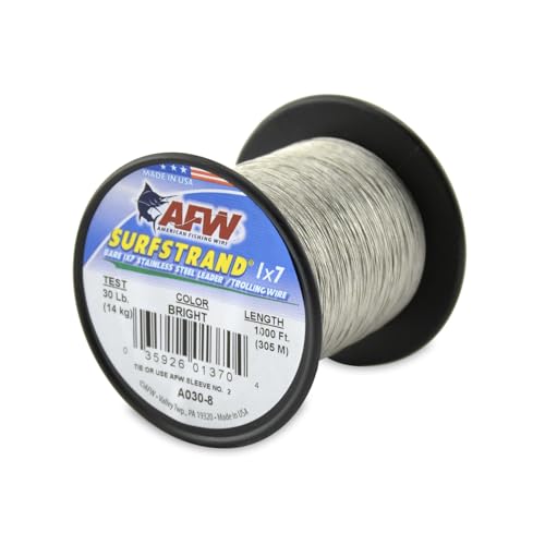 American Fishing Wire Surfstrand Bare 1x7 Stainless Steel Leader Wire - Fishing Leader Line for Saltwater, 20lb Test - 325lb Test in Bright, Camo in 30ft, 300ft, 600ft and 1,000ft Lengths - color: Bright, size: 30 lb / 1000 ft