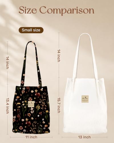 Miss Adola Corduroy Tote Bag for Women with Aesthetic Design | Magnetic Buckle & Pocket, Reusable, Soft, Roomy, Long Shoulder Handles, Double-sided Print, Casual Daily Work, Grocery Bags - color: Black Grow Flower, size: Medium