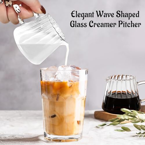 Loscarol 2 Pcs Small Glass Pitcher - Elegant Wave Shaped Creamer Pitcher | for Coffee, Milk, Tea, 6 oz Milk Frothing Cup Creamer Jug for Kitchen