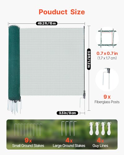 VEVOR Temporary Fence with Posts, 3.9 x 49.2 FT Plastic Mesh Fencing, Garden Safety Fences Netting with Double-Spike Stakes & Guy Ropes, Temporary Fence for Dogs, Chickens, Plants, Outdoor Yards - size: 48in*49ft