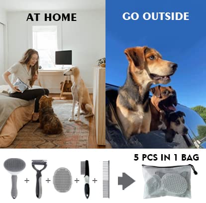 5PCS Grooming Kit for Dog,Puppy- Deshedding & Slicker Brush for Short-Haired Pets, Flea Comb and Grooming Comb Set Grey - color: Grey