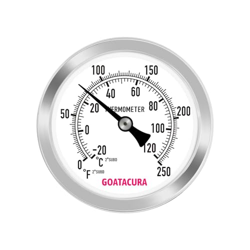 Hot Water Bimetal Thermometer, 2-1/2" Dial Size, 1-3/4" Lead-Free Brass Stem, 1/2" NPT Back Mount, 0-250 Deg F/-20-120 Deg C, 2% Accuracy