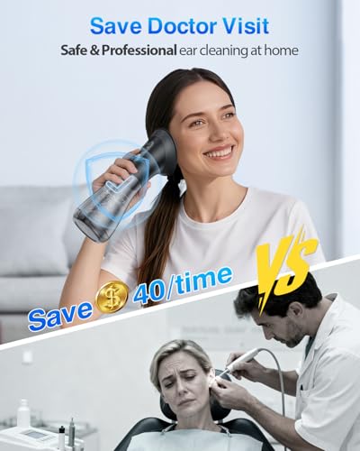 Ear Wax Removal with One-Piece Waste Tank, Powered Ear Wax Remover, IPX7, 5000mAh, 12 Tips, 3 Pressure Modes, Safe & Effective Ear Cleaning Electric Water Irrigation System at Home