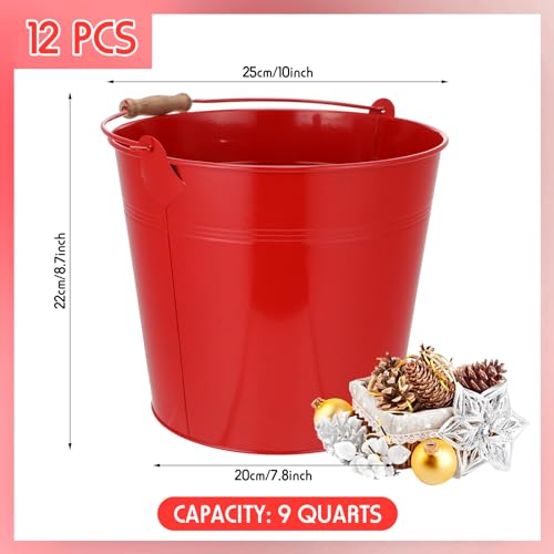 Didaey 12 Pcs 9 Quart Large Galvanized Metal Buckets with Handle Inch Heavy Duty Stainless Steel Pails Round Pail for Party Wedding, Crafts, Utensils, Table Centerpieces (Red) - color: Red