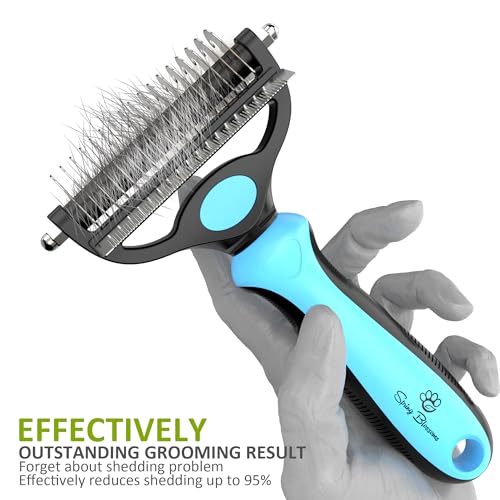 Spring Blossoms-2 in 1 Professional Grooming Rake for Cats & Dogs-Dematting Comb for Easy Mats & Tangles Removing,Pet Brush Safe No More Nasty Shedding and Flying Hair (Blue) - color: Blue