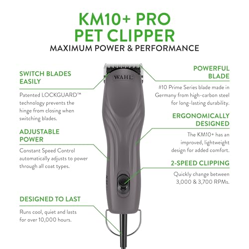 Wahl Pro Animal KM10+ Corded Clipper, Cats, Dogs & Horses, Purple | #10 Prime Series Blade, LOCKGUARD Technology, Textured Housing with Lightweight Design, Fits Cats, Dogs, and Horses