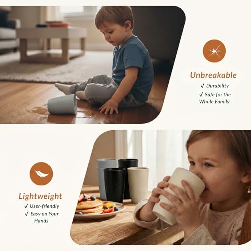 Homienly Wheat Straw Cups Drinking Glasses Set of 6, Unbreakable Plastic Cups Reusable Cups for Kitchen Camping Picnic Dorm Microwave and Dishwasher Safe Water Glasses Drinking Set 12 OZ - GreyStone - color: GreyStone, size: 12 Ounces